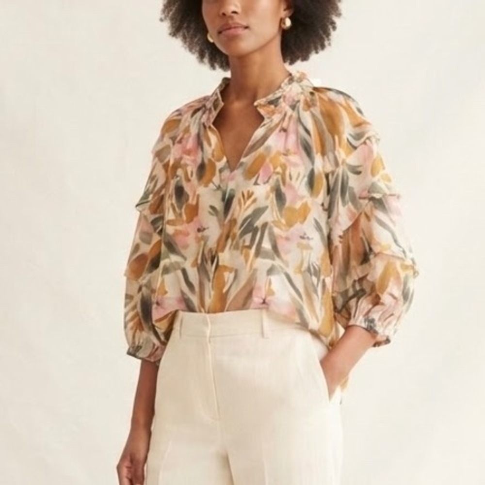 Entro Women's Medium Blouse Top Multicolored Abstract Floral Ruffle V-Neck Lined